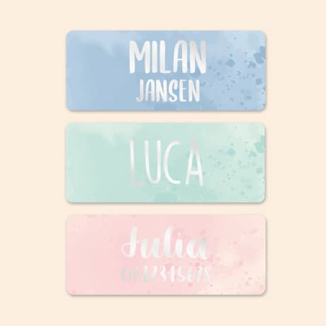Kleine aquarel naamstickers met goud/zilver